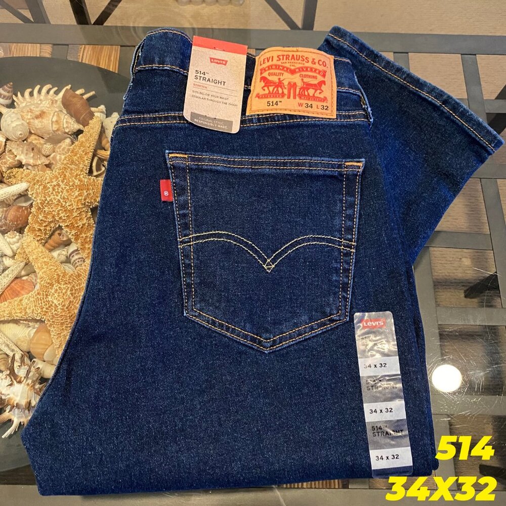 $70 LEVIS 514 MENS STRAIGHT 34X32 DARK WASH STRECTH COTTON DENIM JEAN NWT